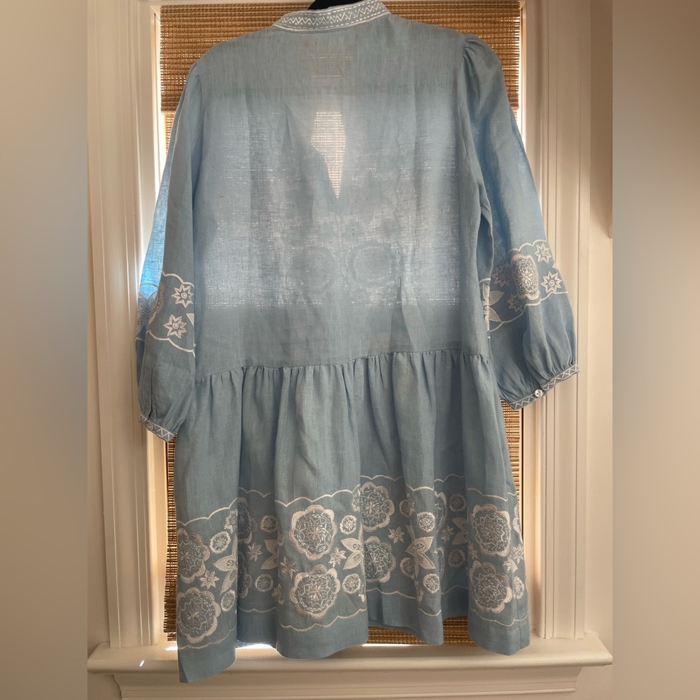 ASHA Ashley McCormick Light Blue Embroidered Linen Minnie Dress Medium - Picture 3 of 6
